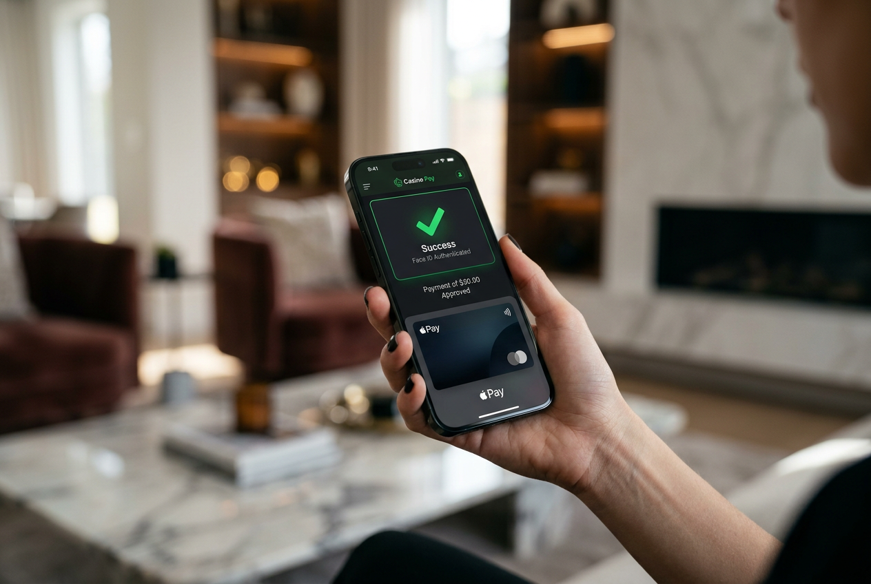 A person using Face ID on an iPhone to authorize an Apple Pay transaction for an online casino.