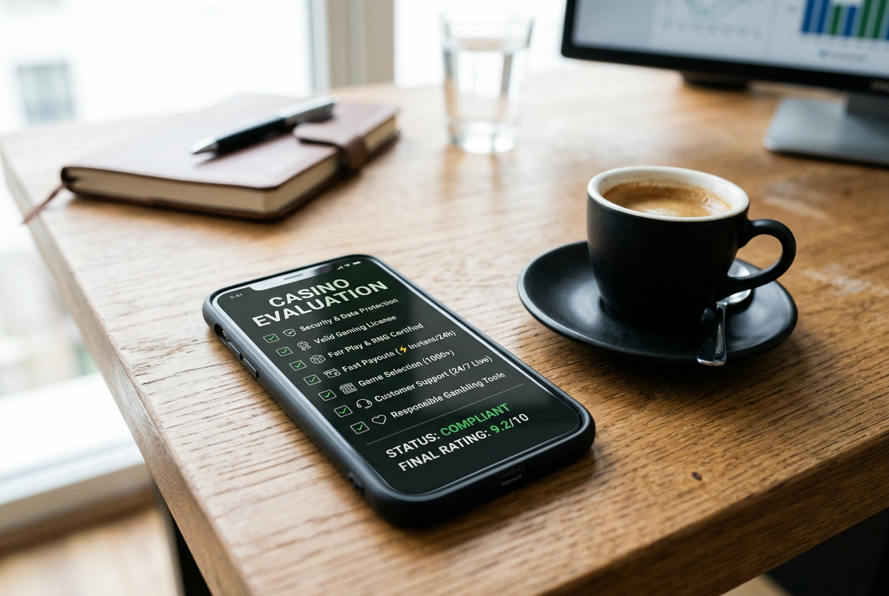 A smartphone on a desk showing a checklist of casino review criteria.