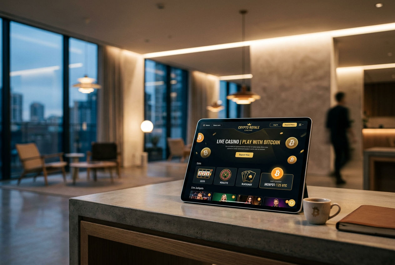 A luxury digital casino interface featuring Bitcoin symbols and high-end gaming graphics.