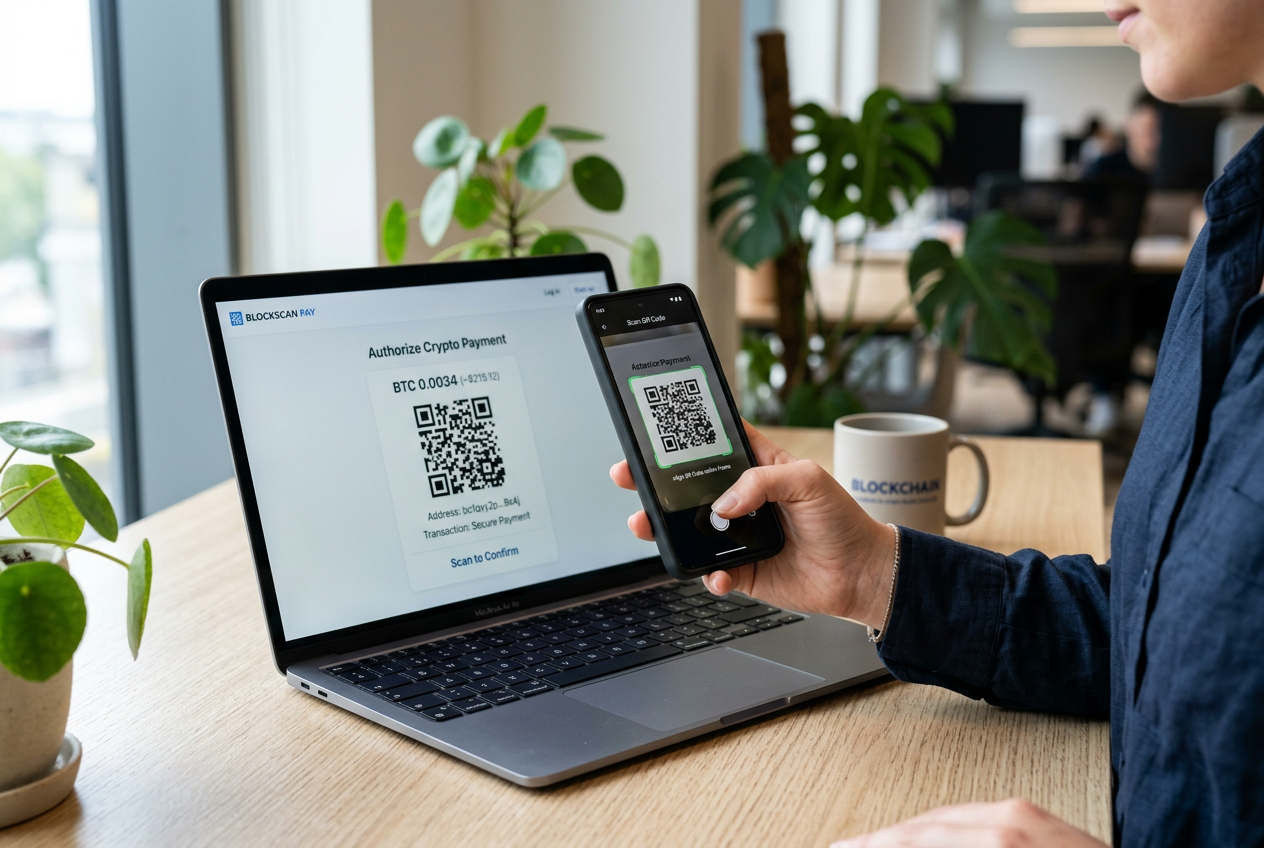 A smartphone scanning a QR code for a Bitcoin transaction on a laptop screen.