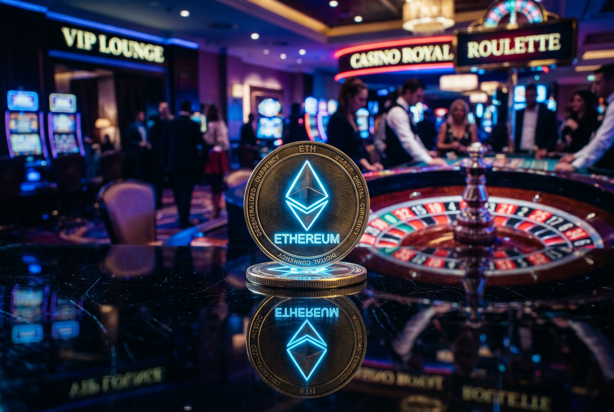Modern digital Ethereum coin in a futuristic casino setting.