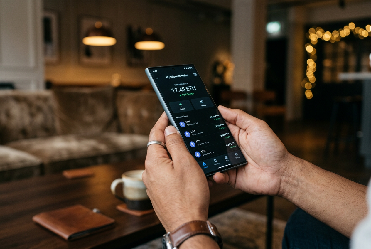 Person using a smartphone to manage their Ethereum wallet in a lounge.