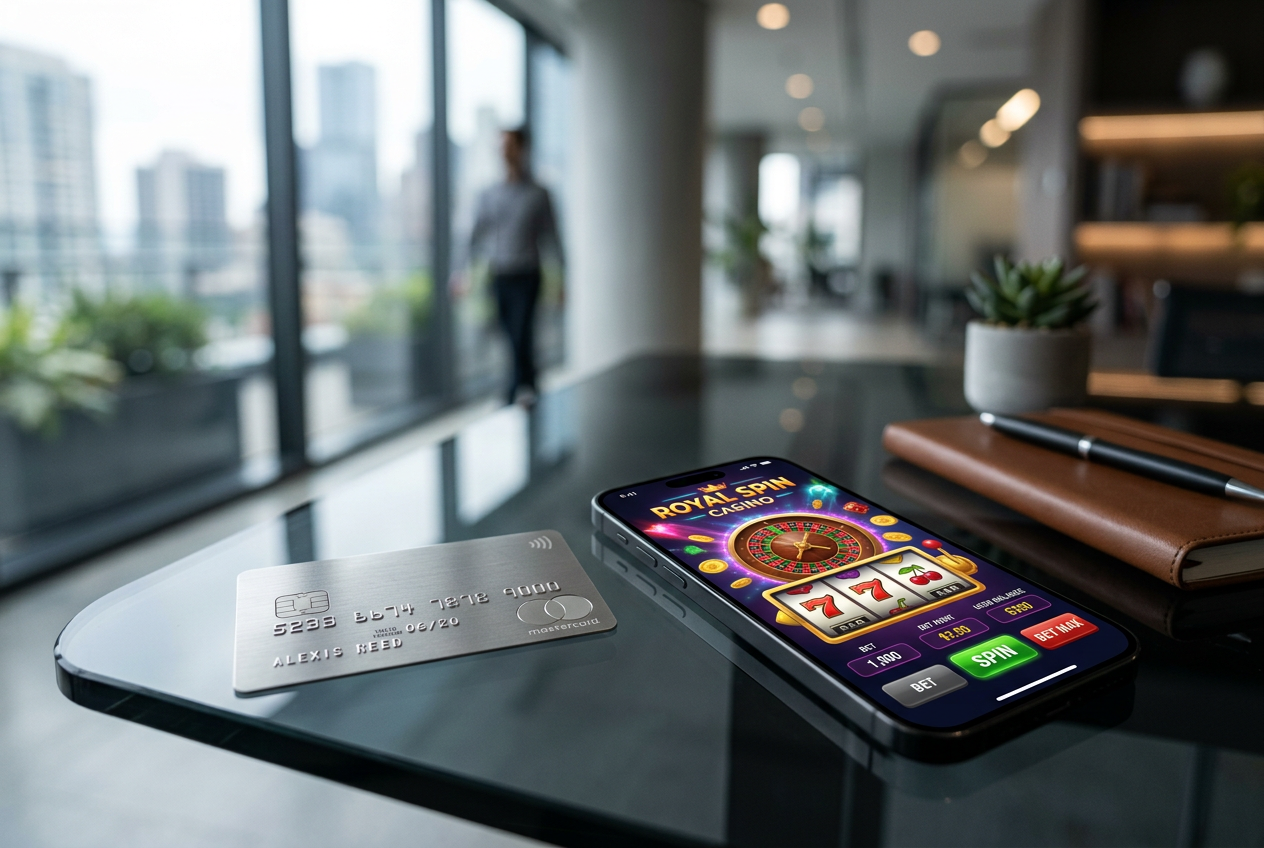 Premium Mastercard and smartphone with casino app.