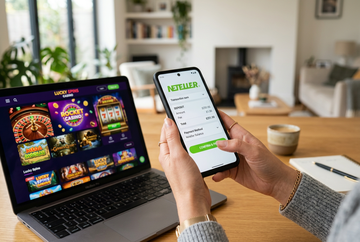 A person using a smartphone to complete a Neteller transaction for an online casino.