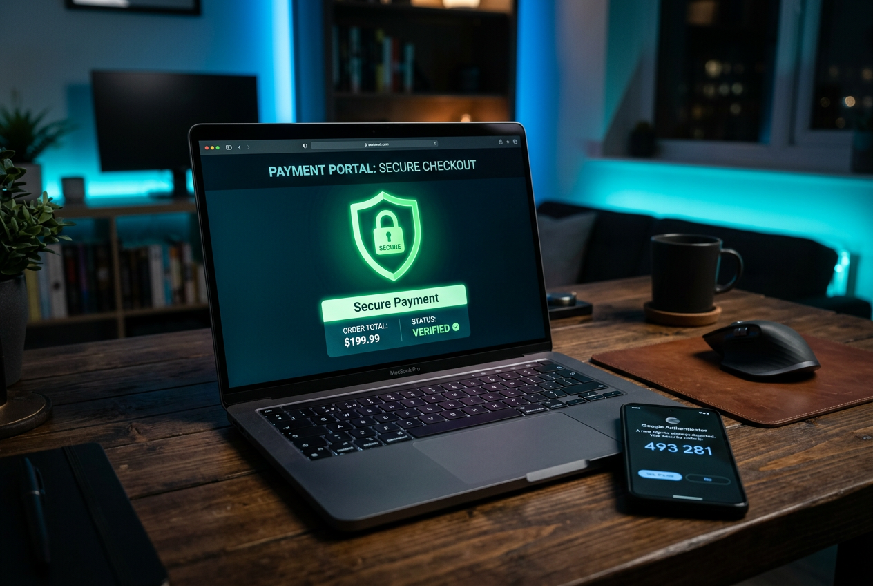 Security icons and digital protection graphics on a laptop screen representing safe casino payments.