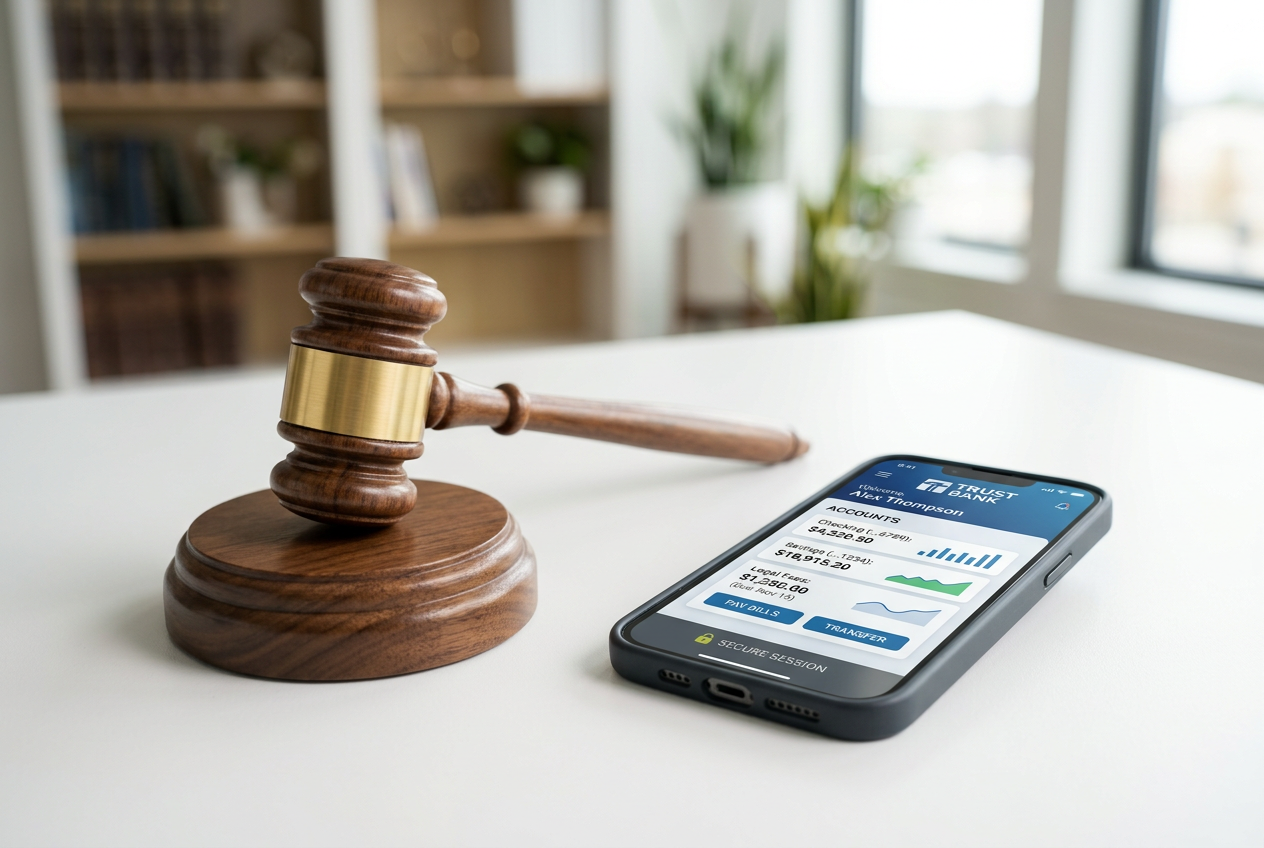 A legal gavel resting next to a smartphone showing a secure financial application.