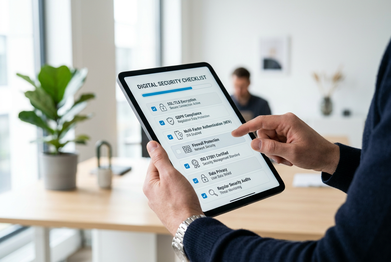 Close-up of a professional reviewing online casino security certificates on a tablet.